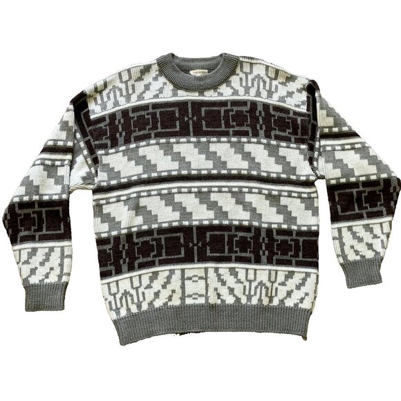 Porto Bello Pullover Knit Sweater Geometric White/Grey Acrylic Vintage 90s - Picture 2 of 6